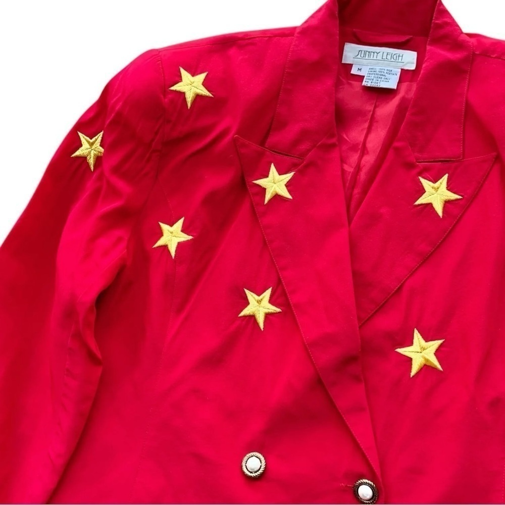 Vtg Sunny Leigh Silk Embroidered Star Blazer Jacket Red Gold Art Wear Size M - Picture 3 of 9